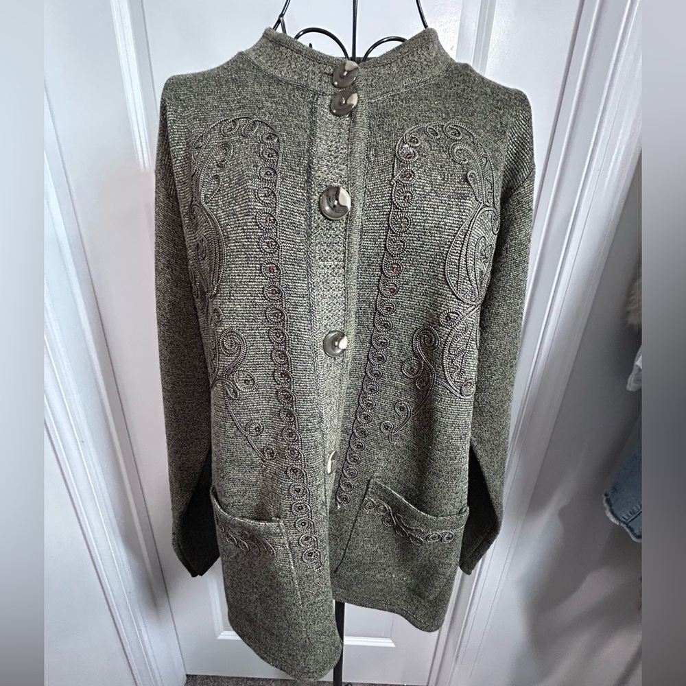 Victoria Olive Green Button-Up Sequin Accents‎ Cardigan